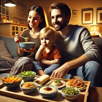 DALL·E 2025-02-13 15.00.24 - A cozy family evening scene with a mother, father, and child sitting together on the couch, enjoying a meal while watching TV. The coffee table holds 