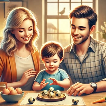 Eine realistische und warme Szene zeigt eine Familie – Mutter, Vater und ihr Kind – beim gemeinsamen Essen am Esstisch.